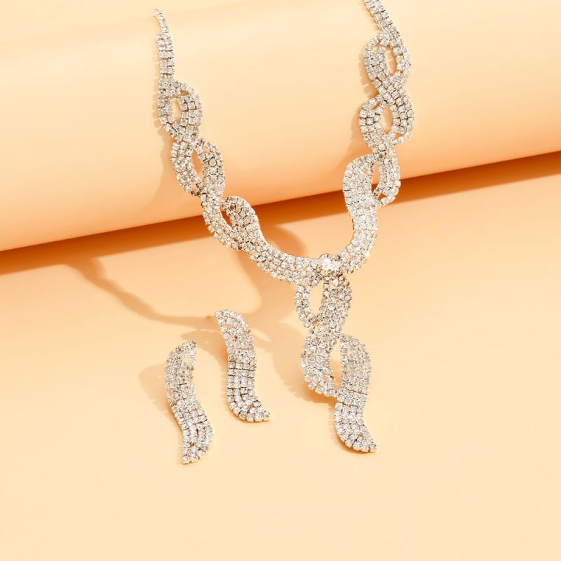 Fashion White Two-piece Set Geometric Diamond Earrings And Necklace Set