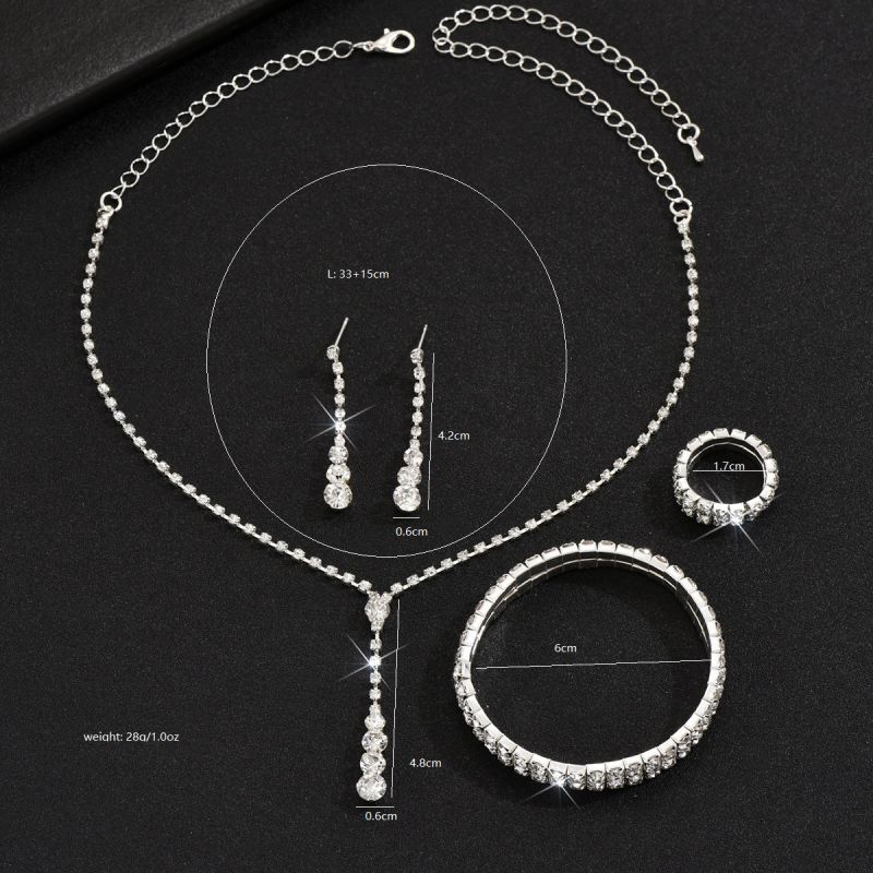 Fashion 446+double Row Elastic Bracelet+double Row Ring Geometric Diamond Flower Necklace Earrings Bracelet Ring Set