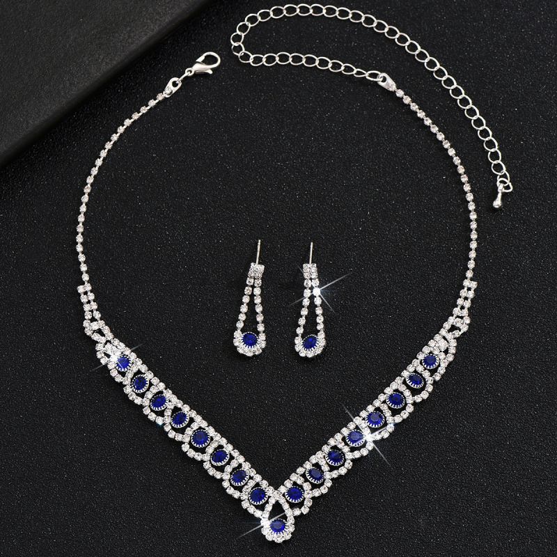Fashion Blue Two Piece Set Geometric Diamond Necklace And Earrings Set