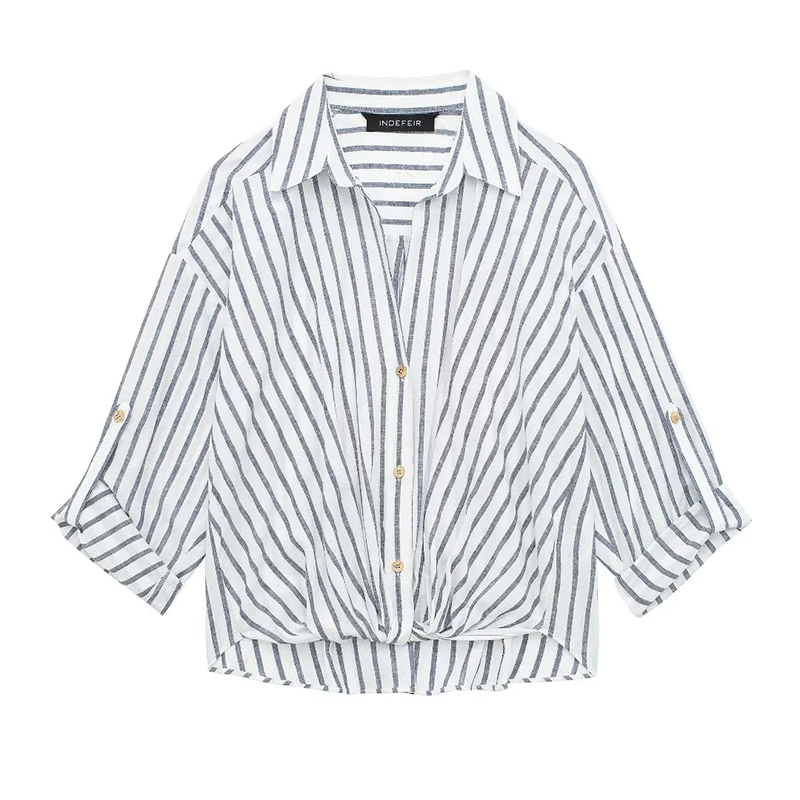 Fashion Blue And White Blended Striped Lapel Shirt