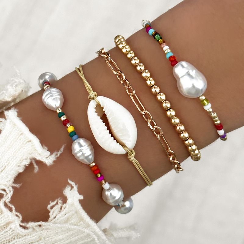 Fashion Gold Gold Beads Rice Beads Pearl Shell Bracelet Set