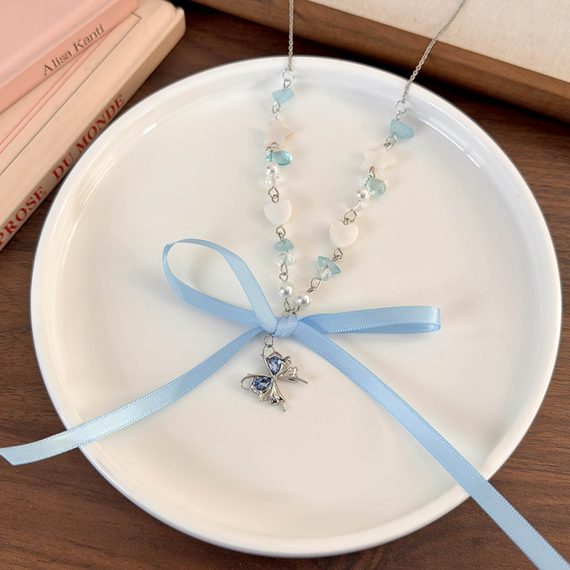 Fashion Blue Bow Alloy Bow Butterfly Necklace