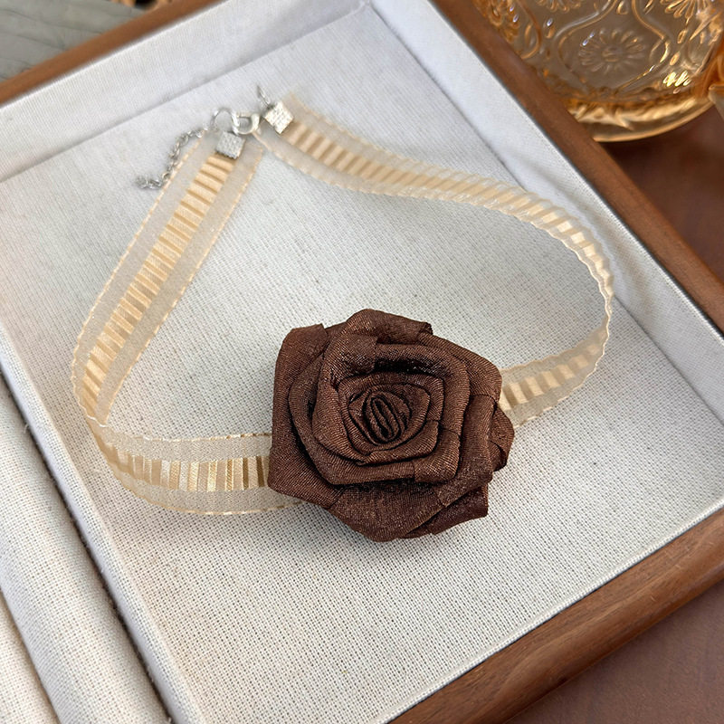 Fashion D Dark Coffee Flower Thick Chain Fabric Flower Necklace