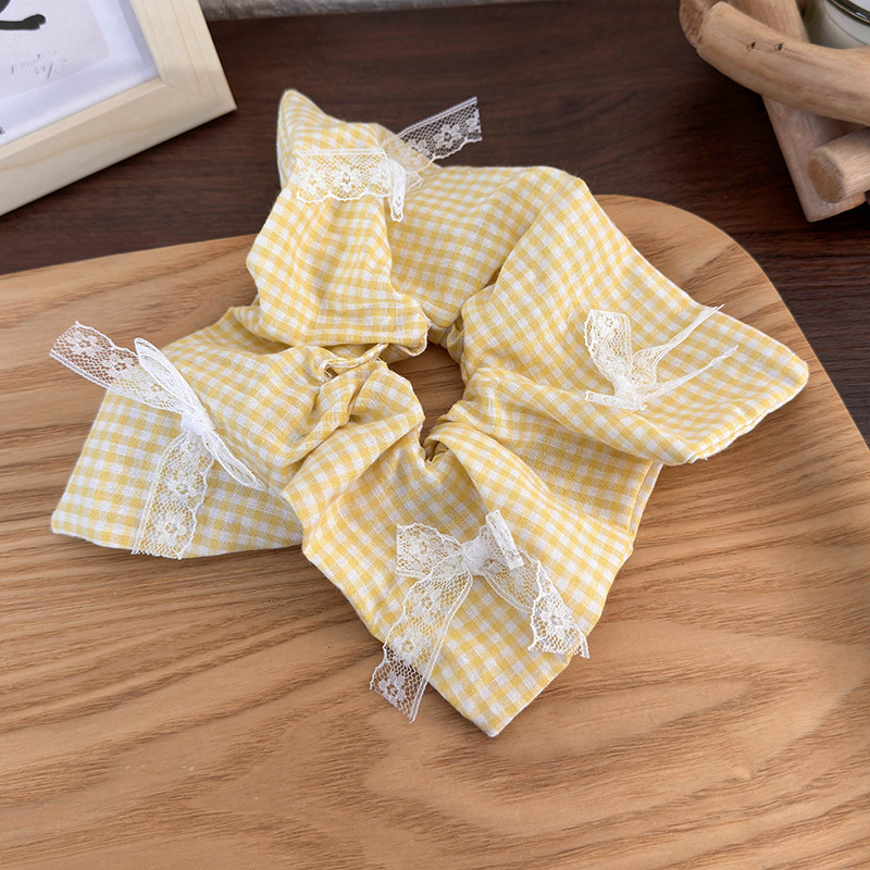 Fashion B Yellow And White Plaid Large Intestine Ring Fabric Check Lace Hair Rope