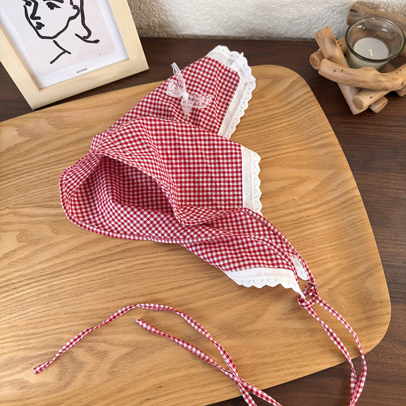 Fashion G Red And White Plaid Headscarf Fabric Checked Lace Headscarf