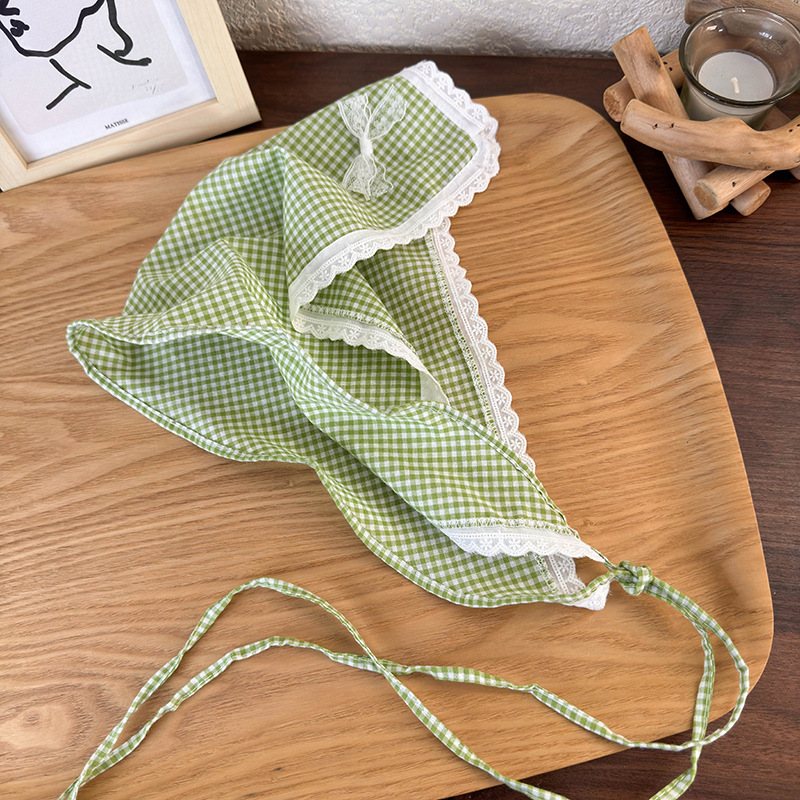 Fashion K Green And White Plaid Headscarf Fabric Checked Lace Headscarf