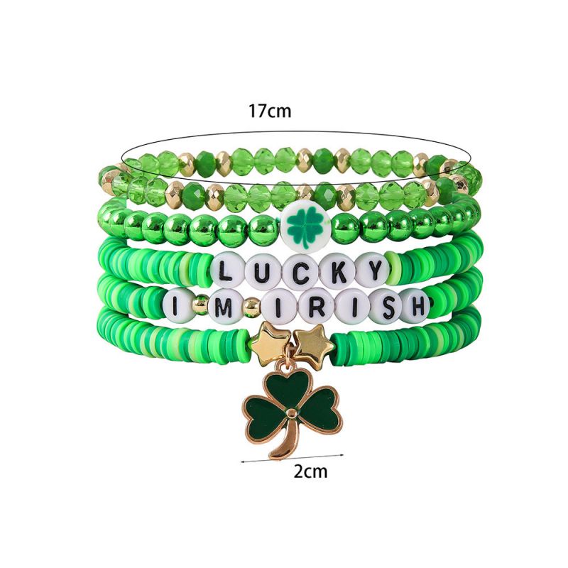 Fashion Green Polymer Crystal Beaded Clover Bracelet Set
