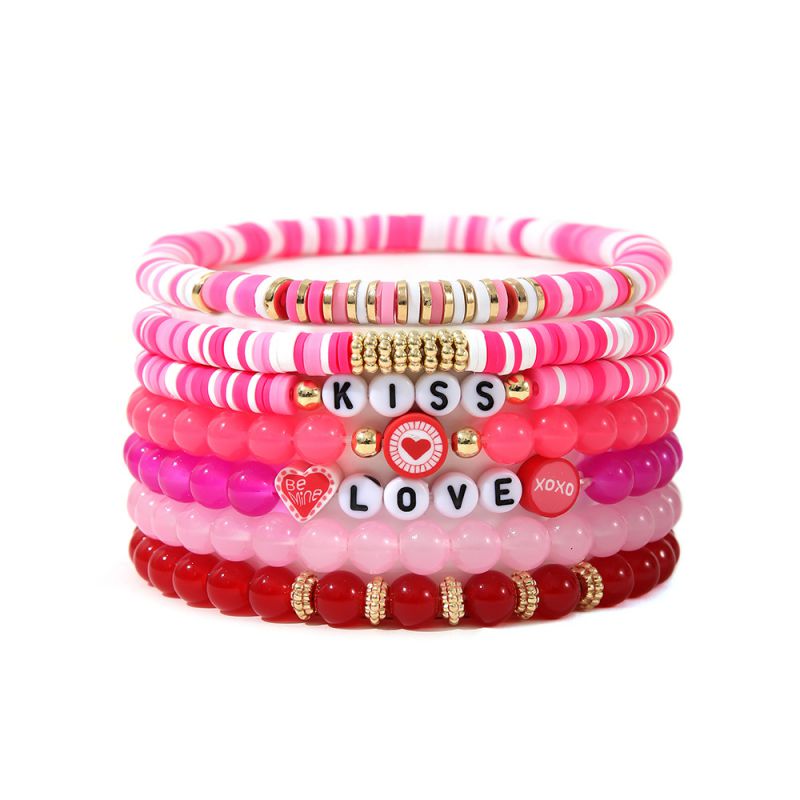 Fashion Pink Colorful Soft Clay Round Beads Love Beaded Multi-layer Bracelet