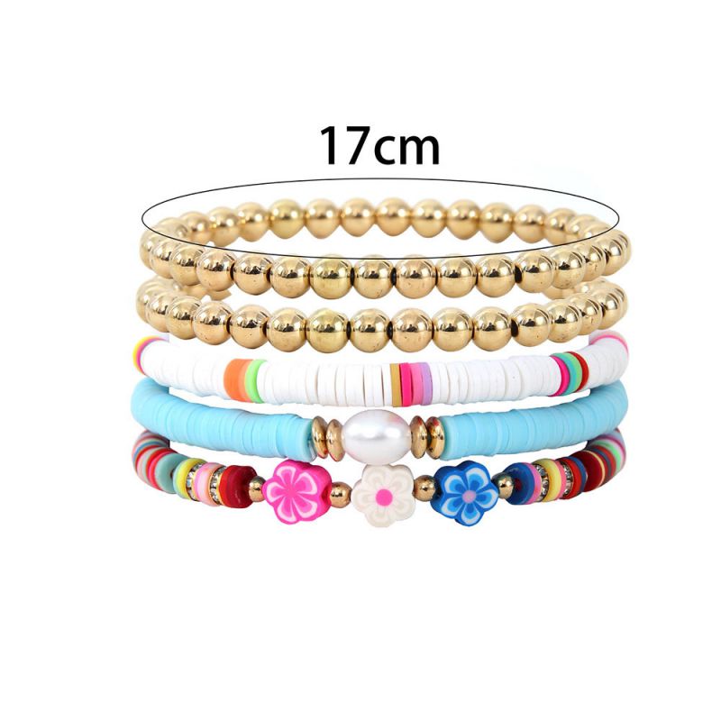 Fashion Color Polymer Clay Gold Beaded Flower Multi-layered Bracelet