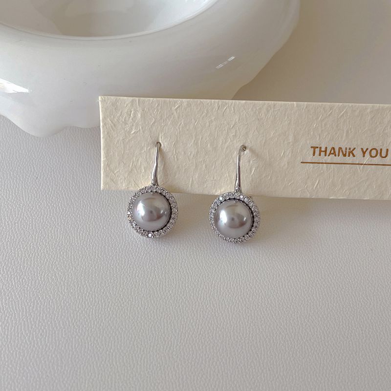 Fashion Gray Pearl Ear Hooks Metal Set Zirconium Pearl Stud Earrings