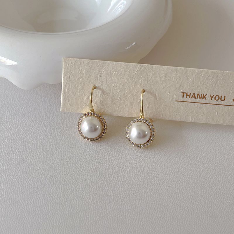 Fashion White Pearl Ear Hooks Metal Set Zirconium Pearl Stud Earrings