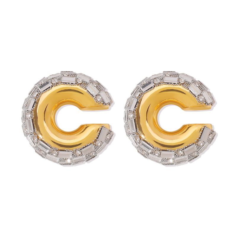 Fashion White Diamond Alloy Diamond-studded Color-blocked C-shaped Earrings