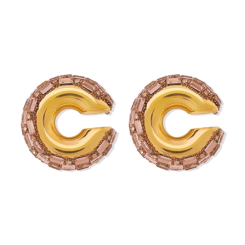 Fashion Champagne Diamond Alloy Diamond-studded Color-blocked C-shaped Earrings