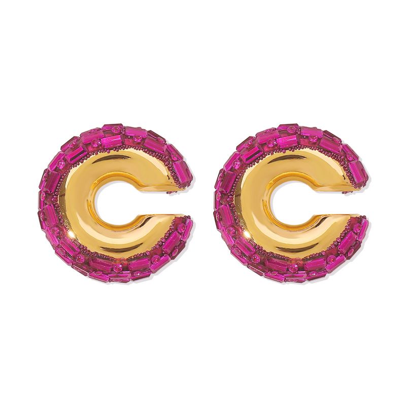 Fashion Rose Red Diamond Alloy Diamond-studded Color-blocked C-shaped Earrings