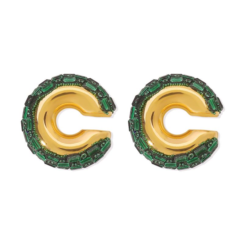 Fashion Green Diamond Alloy Diamond-studded Color-blocked C-shaped Earrings
