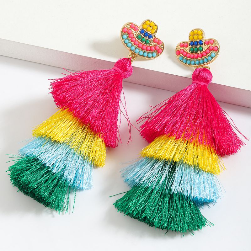 Fashion Color Geometric Tassel Colorblock Stacked Earrings