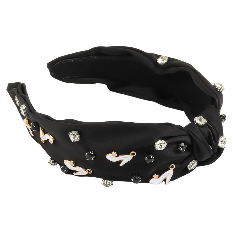 Fashion Black Fabric Embellished Diamond-drip Oil High-heeled Shoes And Knotted Wide-brimmed Headband