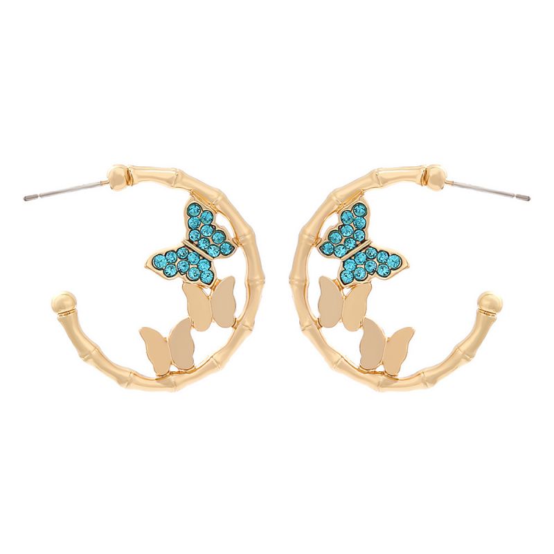 Fashion Sky Blue Alloy Diamond Butterfly C-shaped Earrings