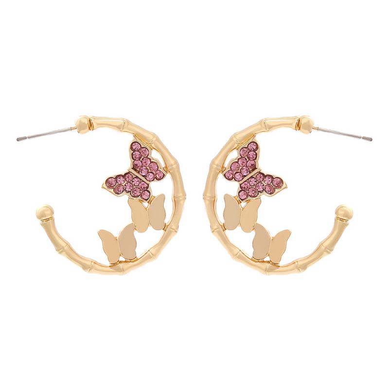 Fashion Peach Alloy Diamond Butterfly C-shaped Earrings
