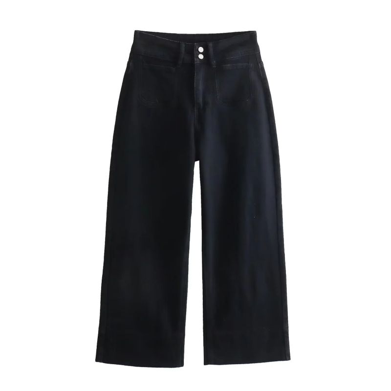 Fashion Black Denim Pocket High Waist Denim Cropped Pants