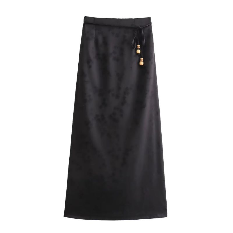 Fashion Black Jacquard Slit Lace-up Skirt