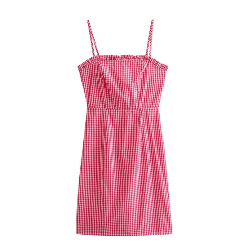 Fashion Pink Plaid Polyester Plaid Suspender Skirt