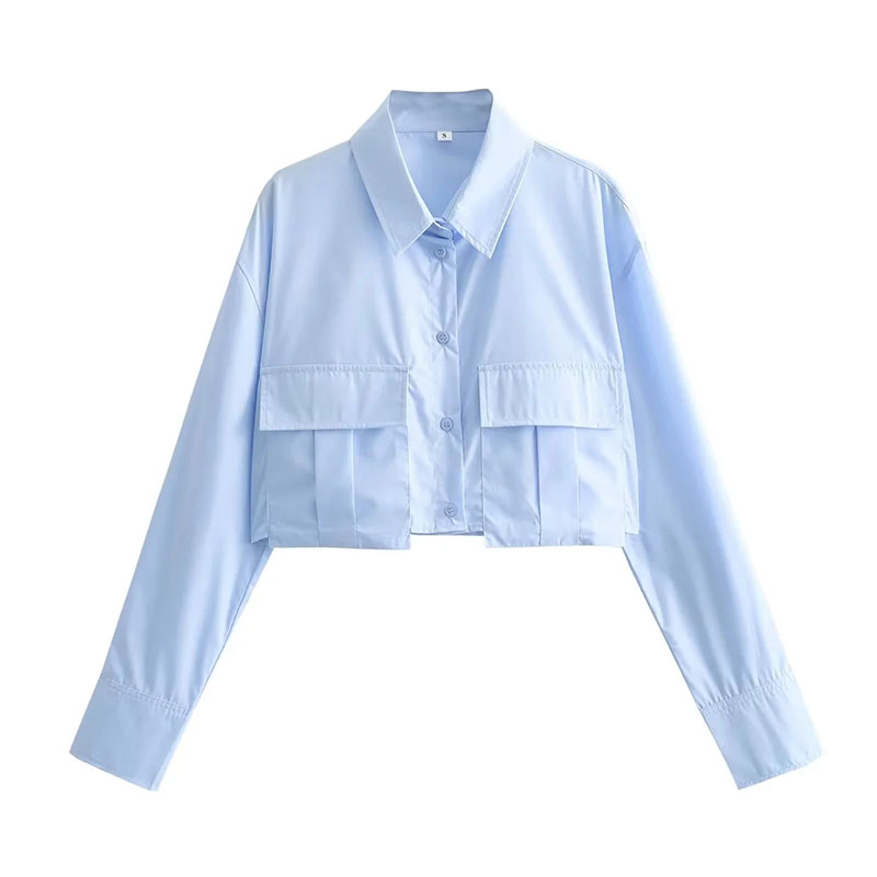 Fashion Light Blue Polyester Double Pocket Lapel Shirt