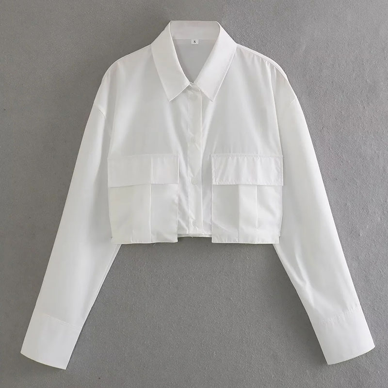 Fashion White Polyester Double Pocket Lapel Shirt