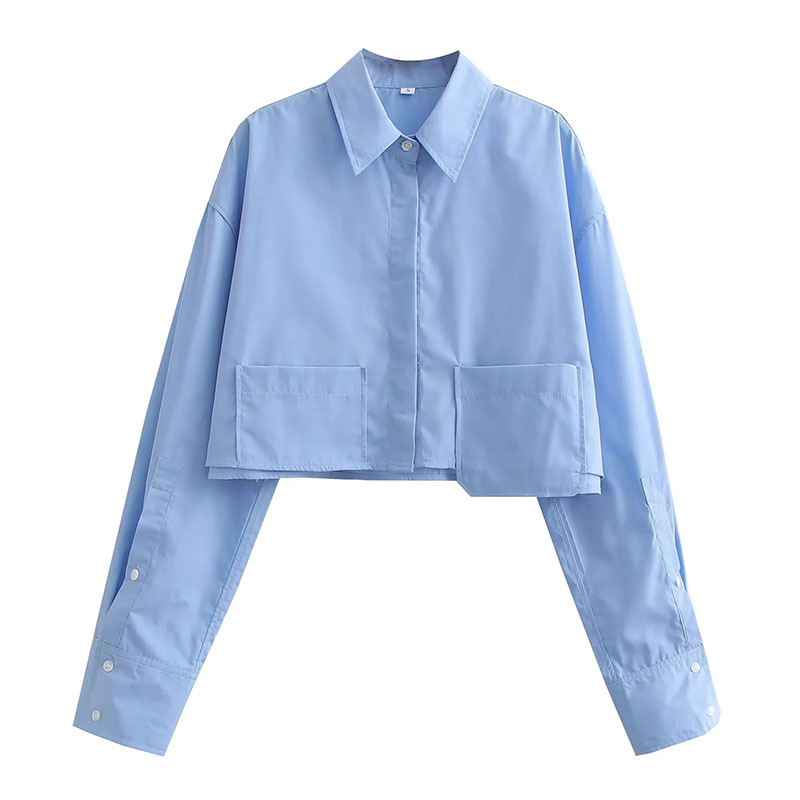 Fashion Pure Blue Polyester Lapel Shirt