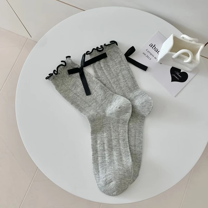 Fashion Light Grey Heel Bow Fungus Mid-calf Socks