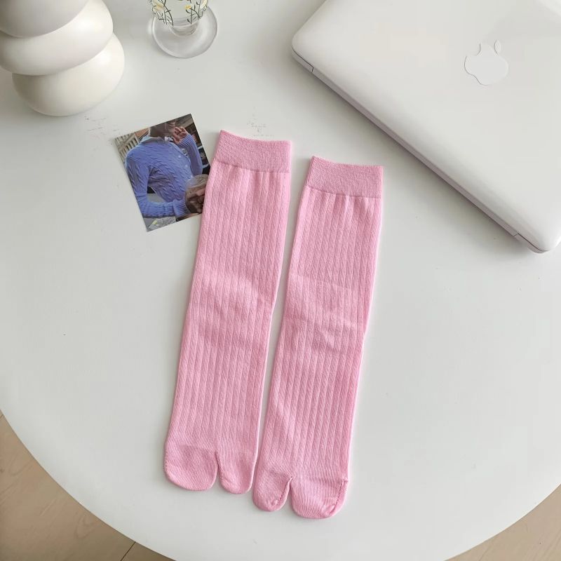 Fashion Bright Pink Cotton Mid-calf Two-finger Socks