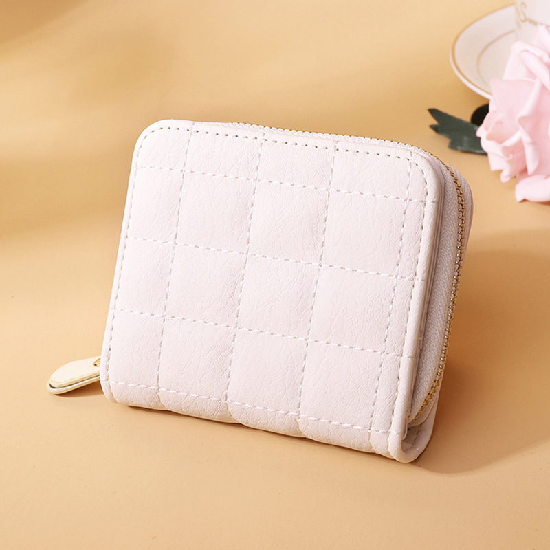 Fashion Off-white Pu Plaid Zipper Wallet