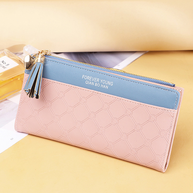 Fashion Pink Pu Diamond Long Zipper Wallet