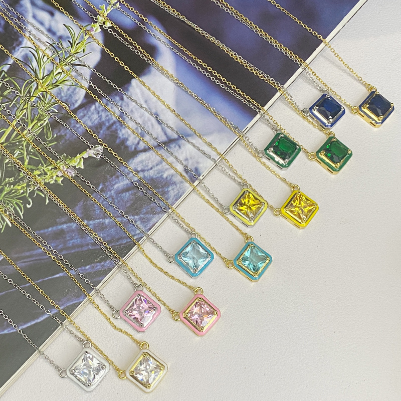 Fashion 【sugar Cube Necklace】 Copper Diamond Oil Dripping Square Necklace