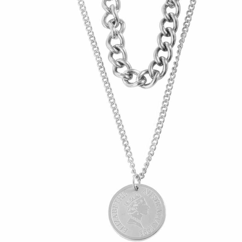 Fashion Silver Necklace Titanium Steel Head Gold Coin Double Layer Necklace