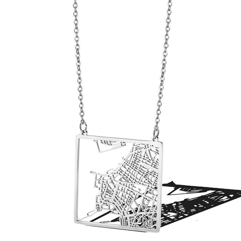 Fashion Rio De Janeiro Brazil – Silver Titanium Steel Square Hollow Necklace