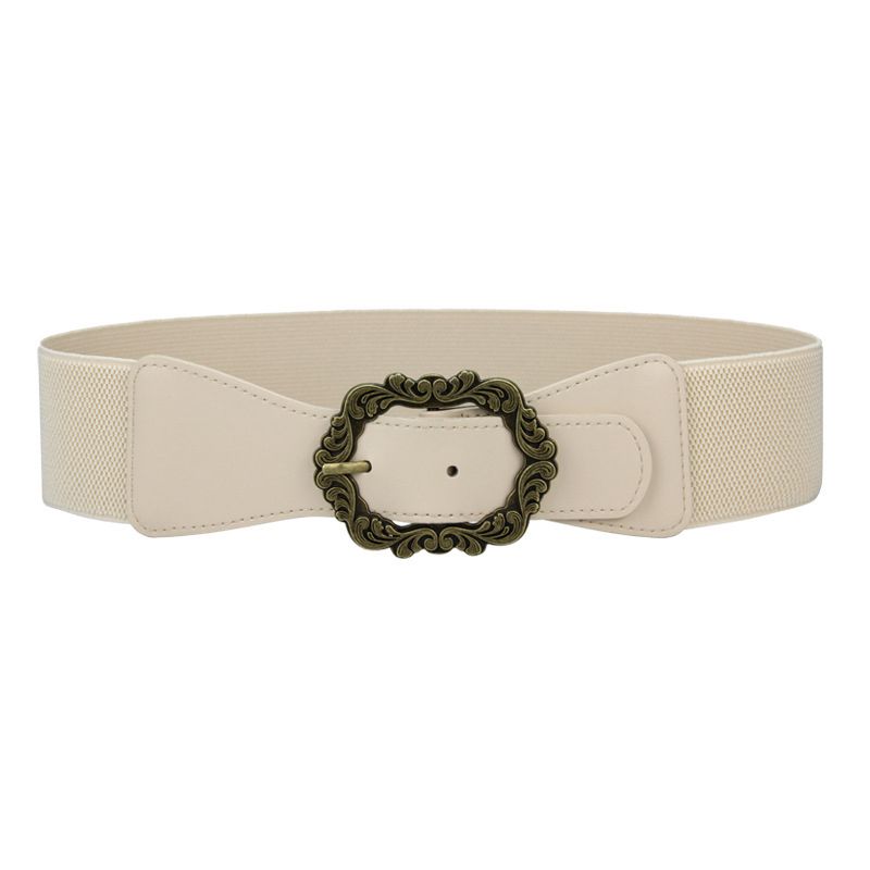 Fashion Off White Wide Elastic Belt With Engraved Metal Buckle