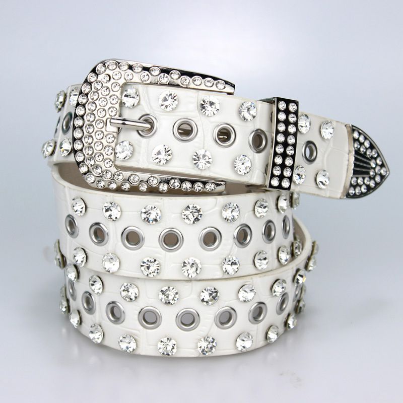 Fashion White Wide Leather Belt With Diamond Square Buckle