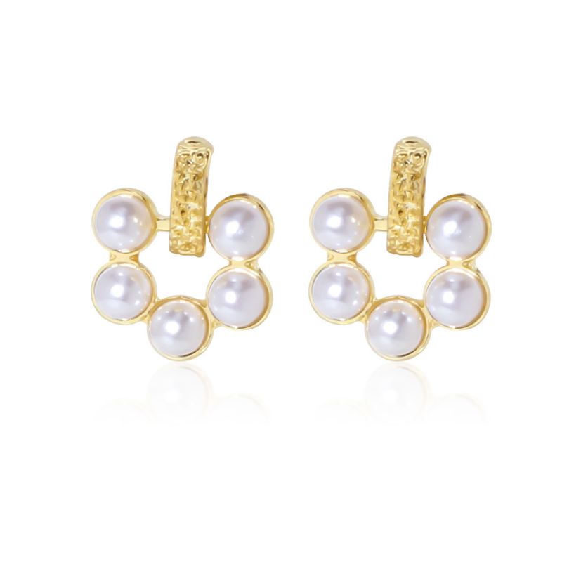 Fashion Gold Metal Pearl Flower Stud Earrings