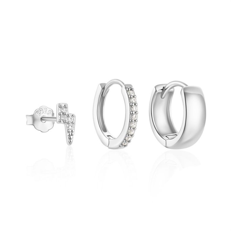 Fashion Set Of 3-platinum #8 Silver And Diamond Geometric Earrings Set