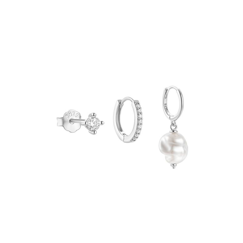 Fashion Set Of 3-platinum #3 Silver And Diamond Geometric Earrings Set