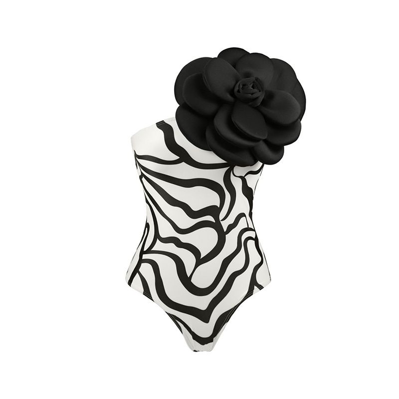Fashion Black Flowers Nylon Three-dimensional Flower One-piece Swimsuit