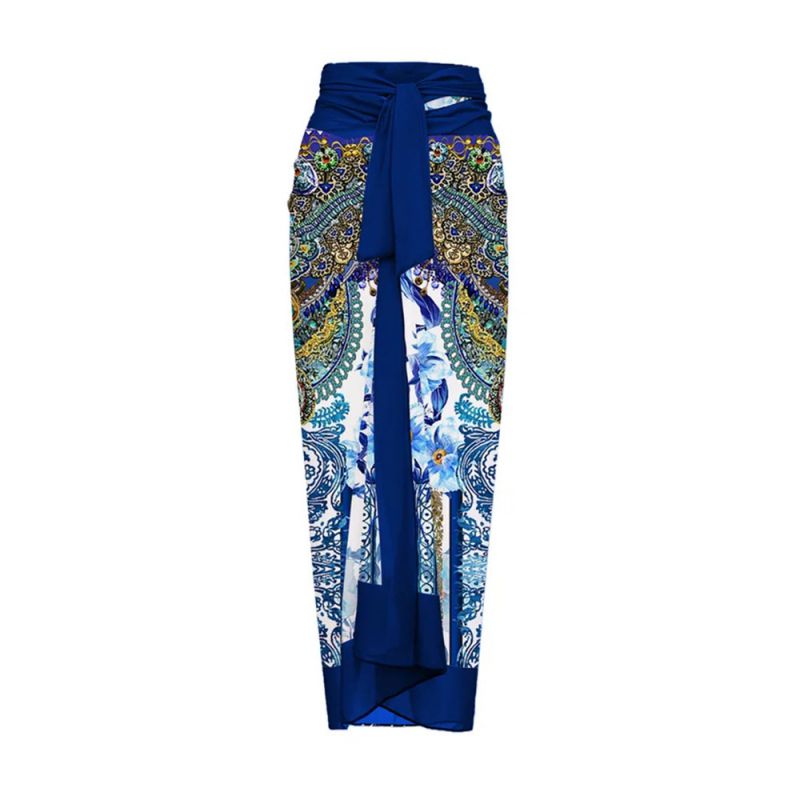 Fashion Blue Wrap Skirt Nylon Printed Knotted Beach Skirt