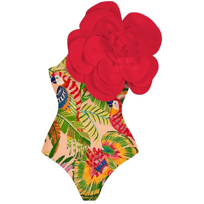 Fashion Red Flowers Nylon Three-dimensional Flower One-piece Swimsuit
