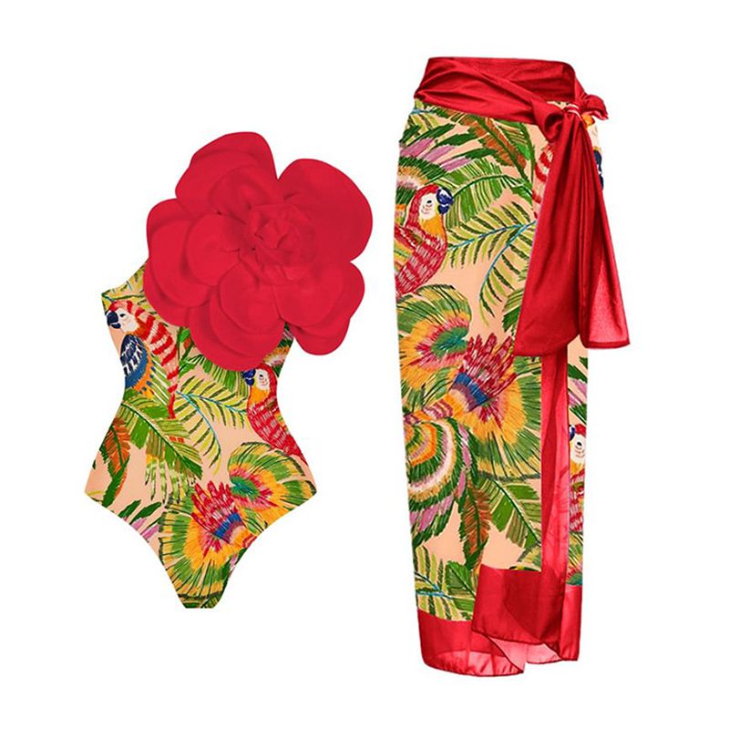 Fashion Red Suit Nylon Three-dimensional Flower One-piece Swimsuit With Knotted Beach Skirt