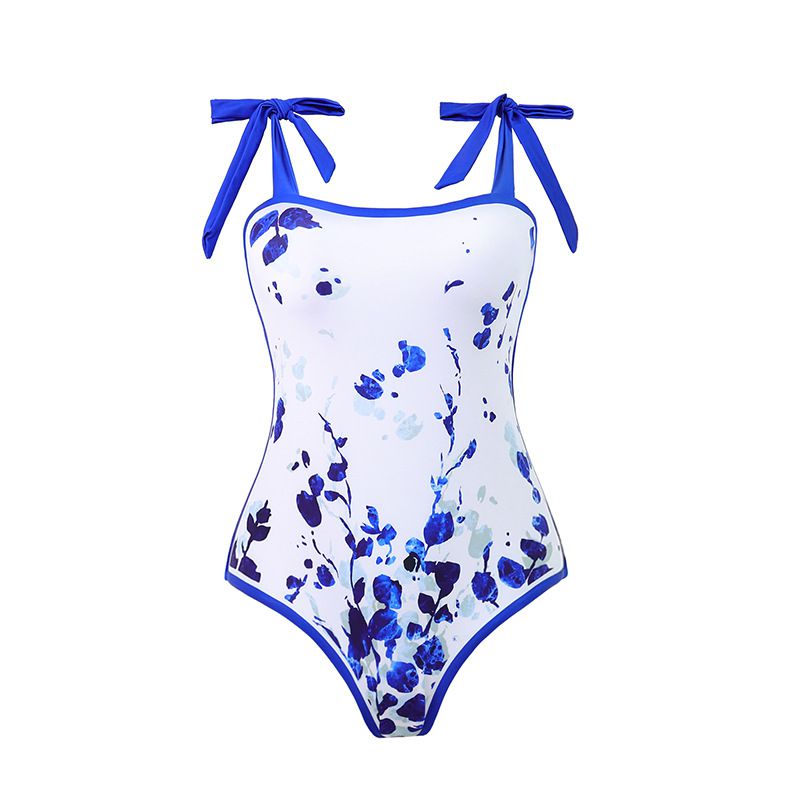 Fashion Blue Polyester Printed Lace-up Swimsuit