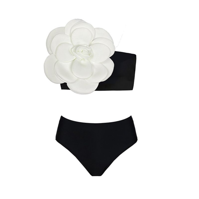 Fashion White Flowers Polyester 3d Floral High Waist Split Swimsuit