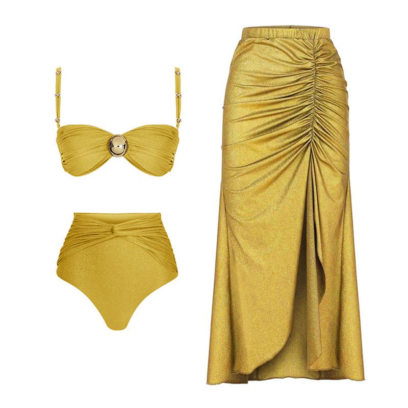 Fashion Yellow Split Suit Polyester High Waisted Swimsuit Bikini Pleated Skirt Set