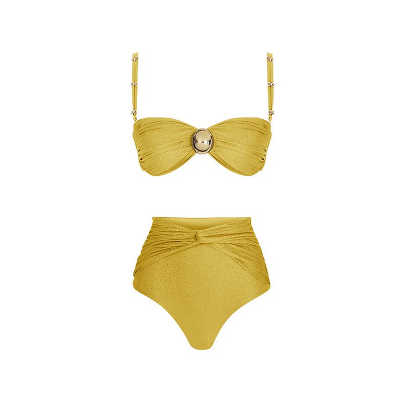 Fashion Yellow One-piece Swimsuit Polyester High Waist Tankini Swimsuit Bikini