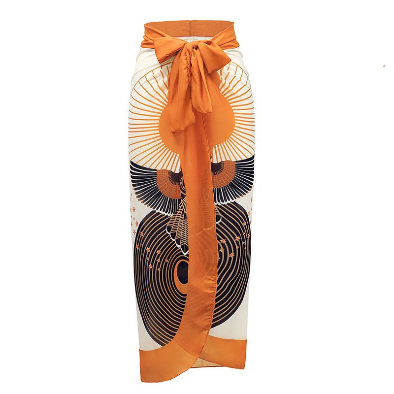 Fashion Orange Skirt Polyester Printed Lace-up Swimsuit